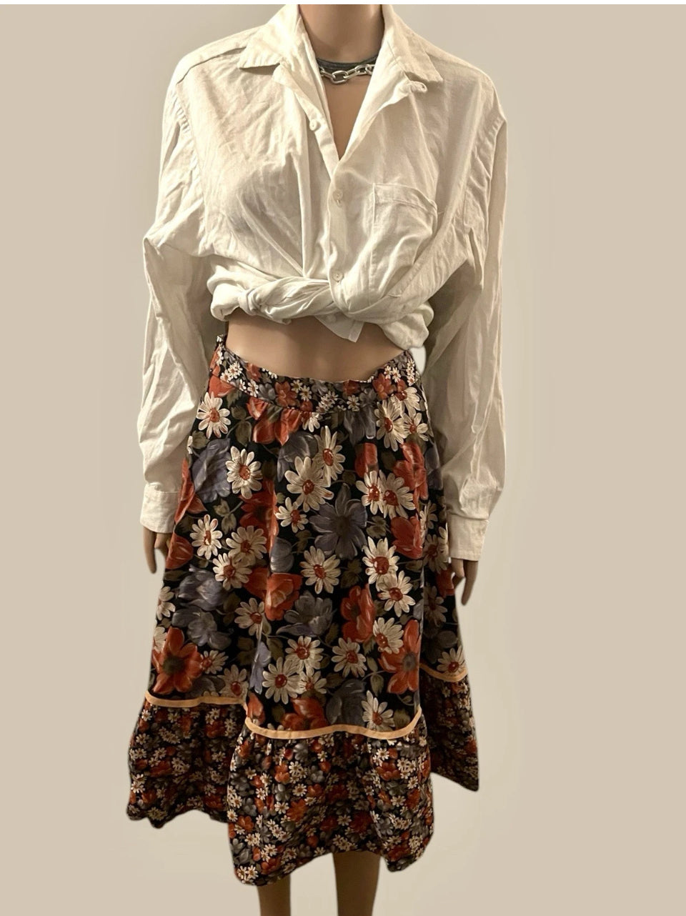 Vintage Skirt Floral 1960s Hippie era floral print skirt A line midi Skirt ruffle hem pure cotton size Small
