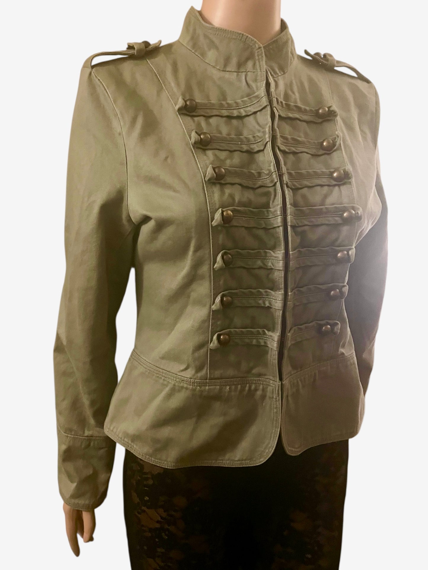 Vintage Y2K Military Jacket Cargo Denim Army Glam Sgt Pepper Brass Buttons Khaki Size M