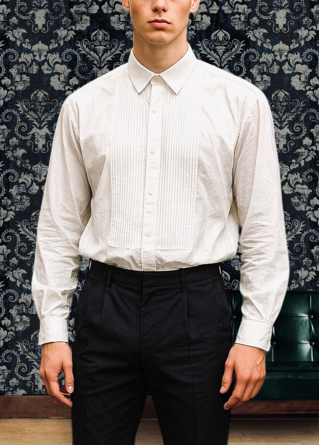 Men’s Vintage Shirt Tuxedo Shirt White Pleated Pure Cotton Classic Formal Dress Shirt XL
