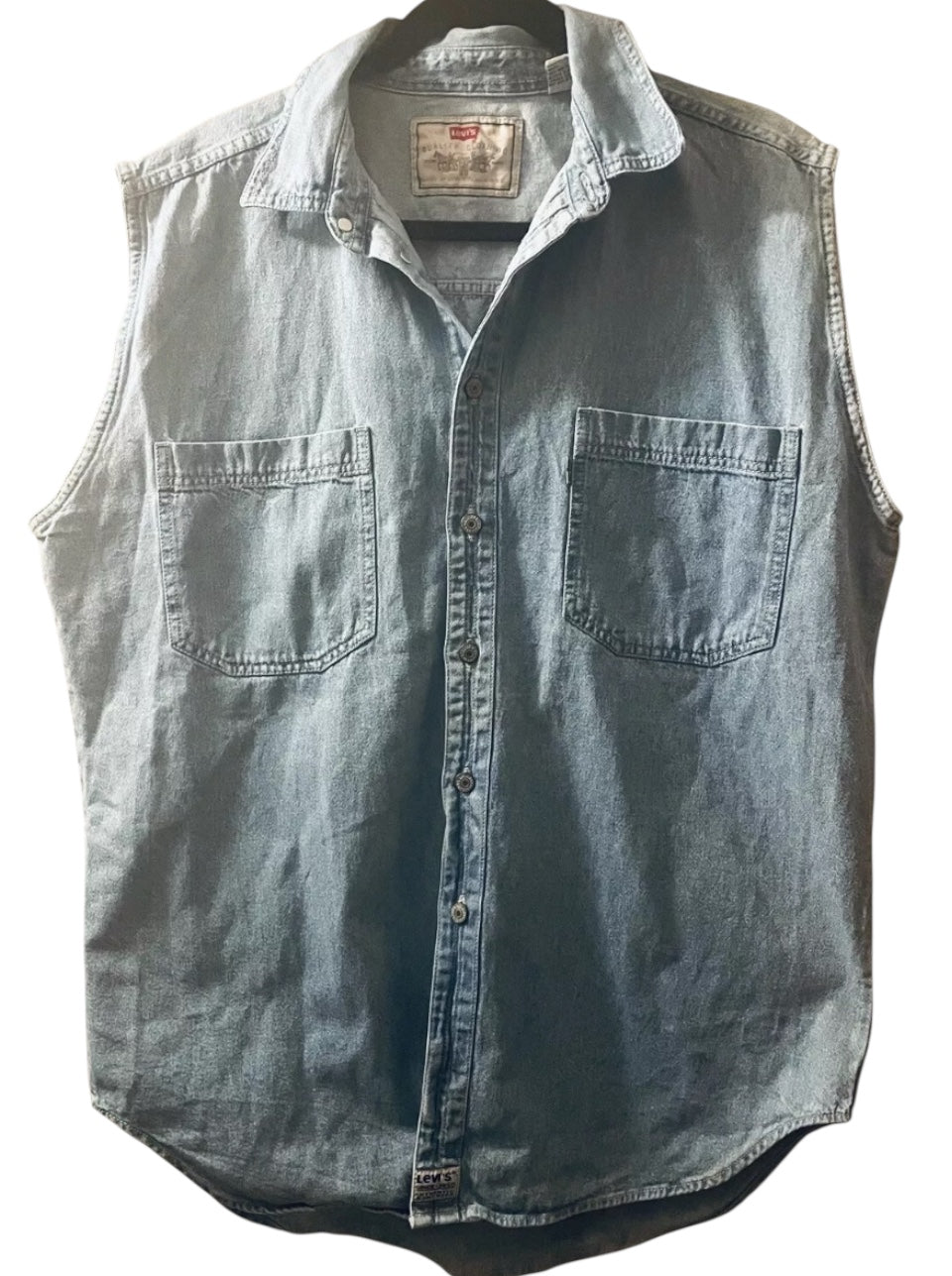 Vintage Levi's Denim Shirt 1990s Rare Grey Tab Sleeveless Button Up Size L