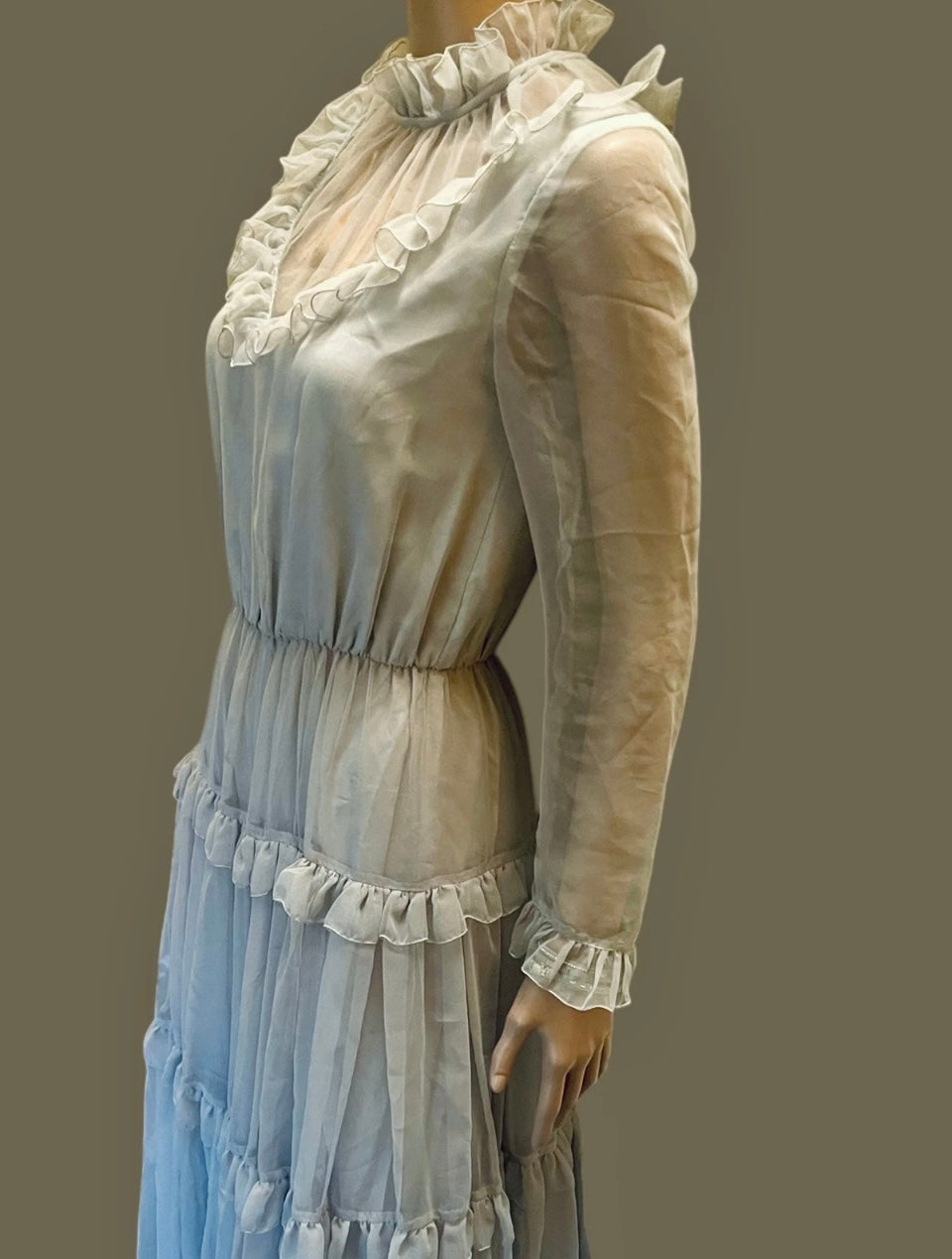 Vintage Ruffle Dress 1970s Grey Tiered Vintage Dress Sheer Cocktail Dress Elegant Frills Size Small