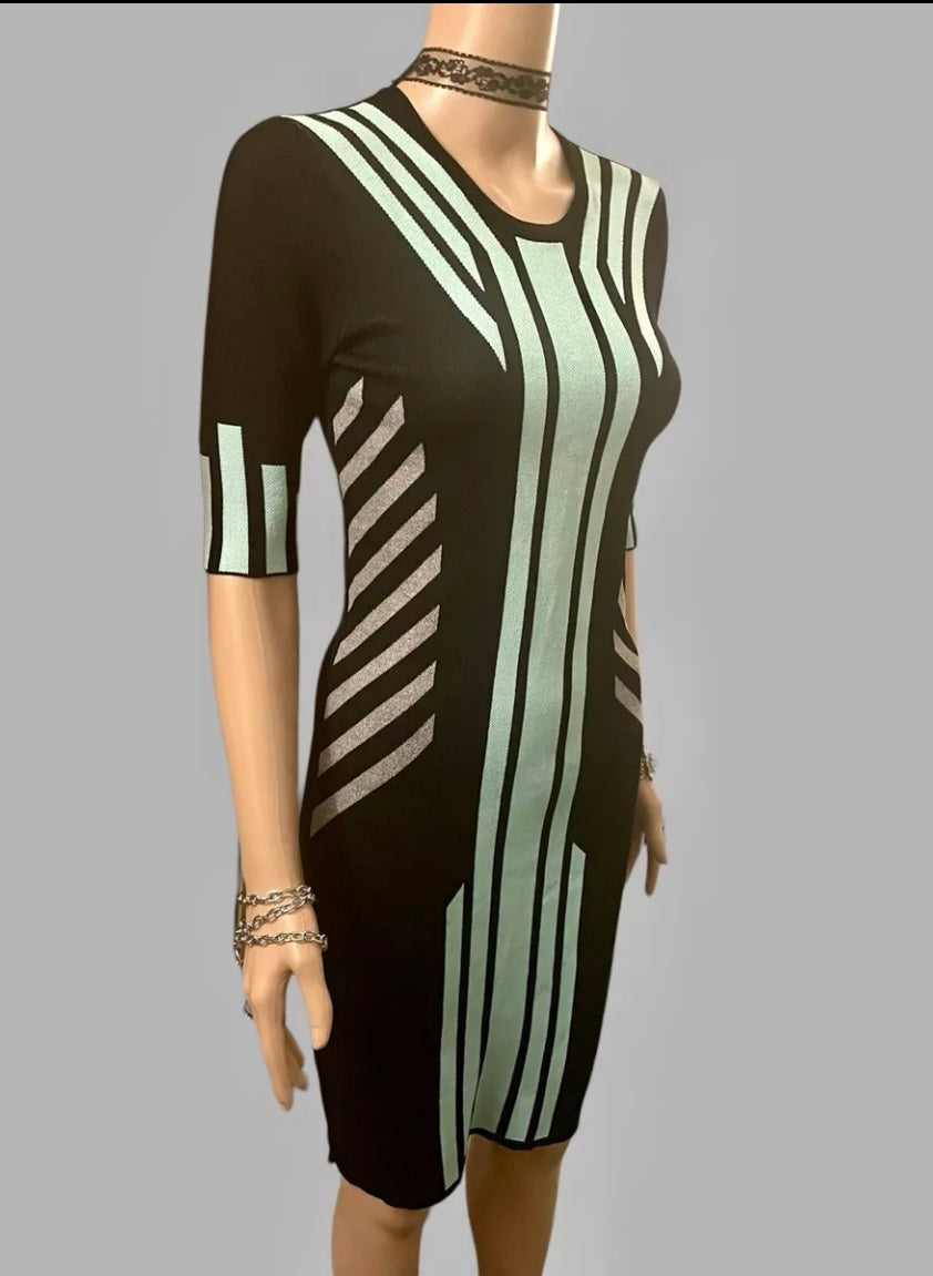 Versace Dress Vintage 1990s Y2K Bodycon Dress Geometric Futuristic Party Dress Stretch Knit Size XS
