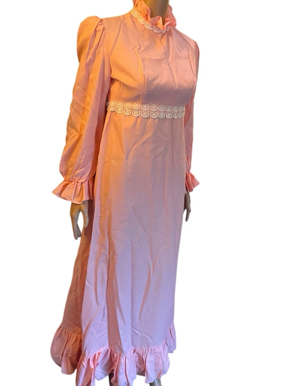Vintage Dress 1960s Gunne Sax Style Dress Pink Prairie Western Maxi Dress Lace Trim Ruffle Hem Cottagecore Wedding Size Small