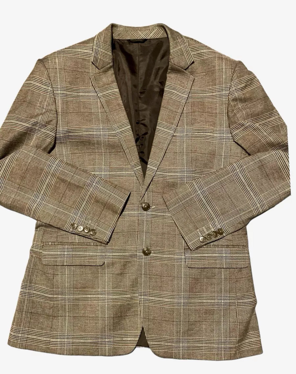 Men’s Vintage Blazer Plaid Glen Plaid Prince of Wales Check Mens 1980s Vintage Jacket Preppy Classic Single Breasted Checkered Blazer Tailored Wool Beige Brown Size L