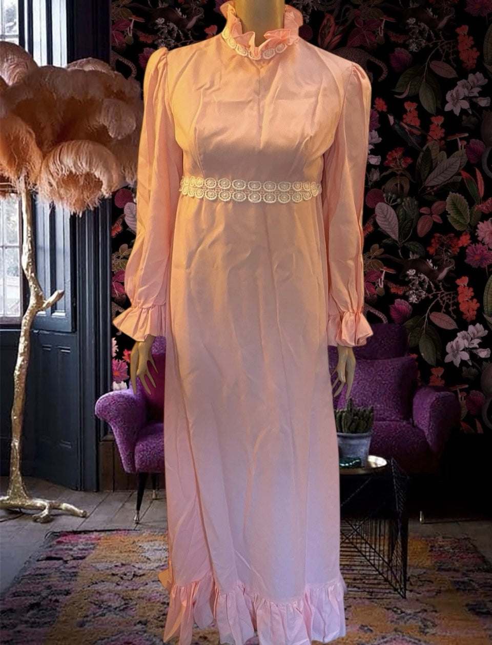 Vintage Dress 1960s Gunne Sax Style Dress Pink Prairie Western Maxi Dress Lace Trim Ruffle Hem Cottagecore Wedding Size Small