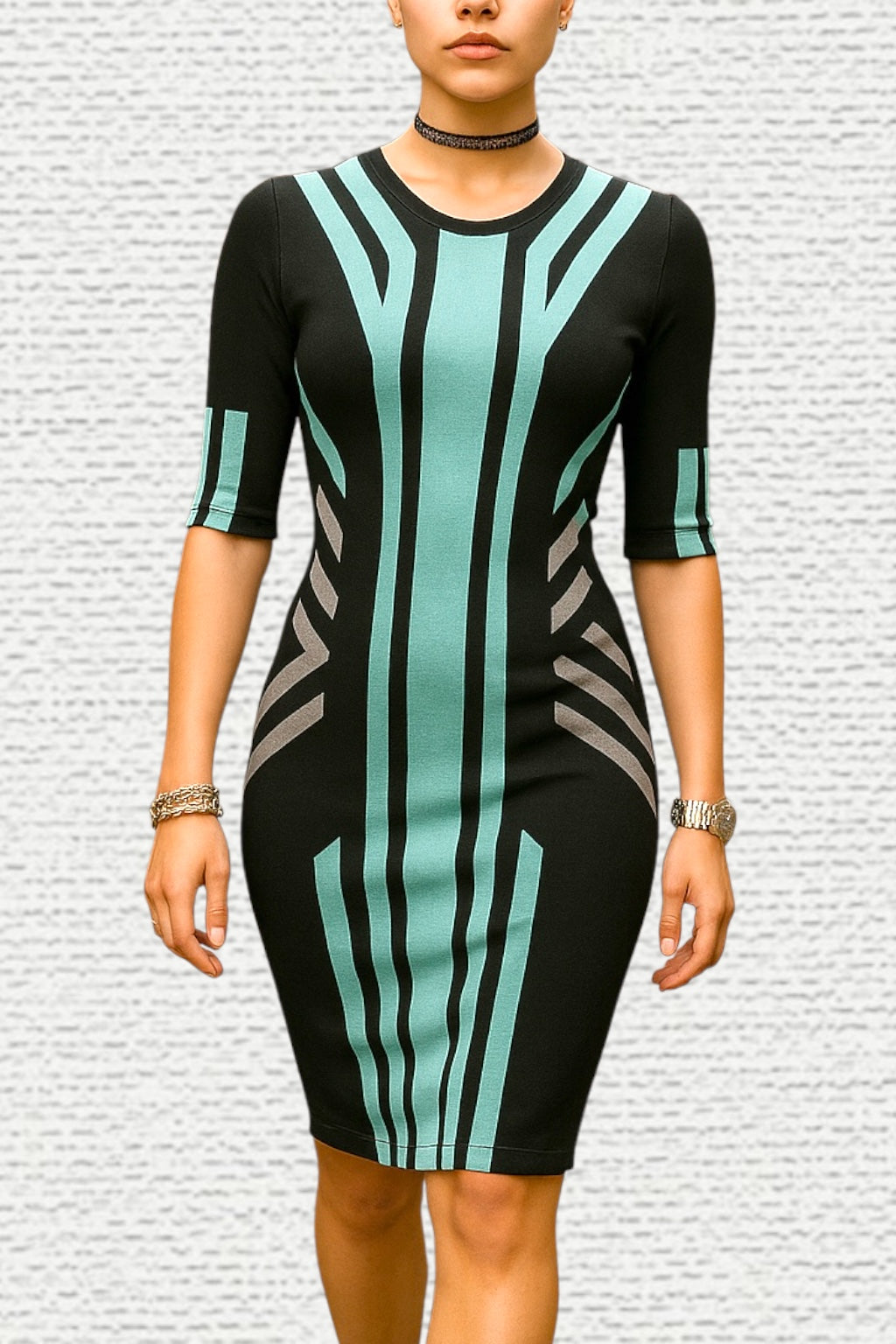 Versace Dress Vintage 1990s Y2K Bodycon Dress Geometric Futuristic Party Dress Stretch Knit Size XS