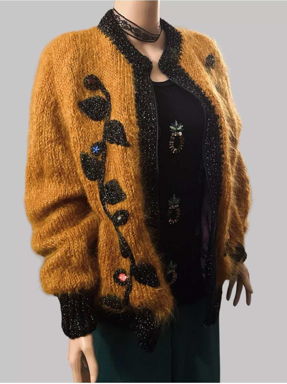 Women’s Vintage Jacket 1930s Cardigan Hand knit Mohair Pure Wool Bomber Jacket Gothic Glam Floral Embroidery Jewel Appliqué Rare Vintage Size XL