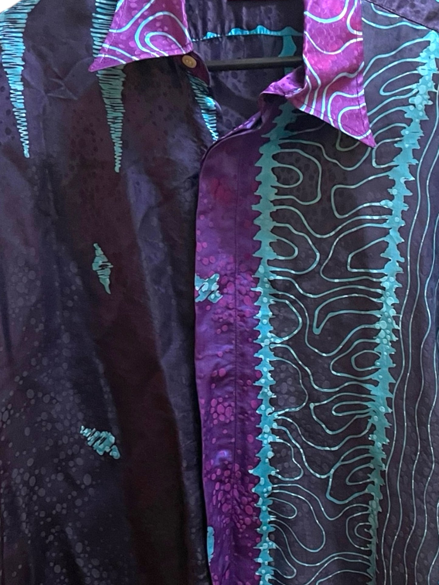 Vintage Men's Dress Shirt 1990s Pure Silk Batik Print Shirt Long Sleeve Elvis Dandy Rockabilly Size L