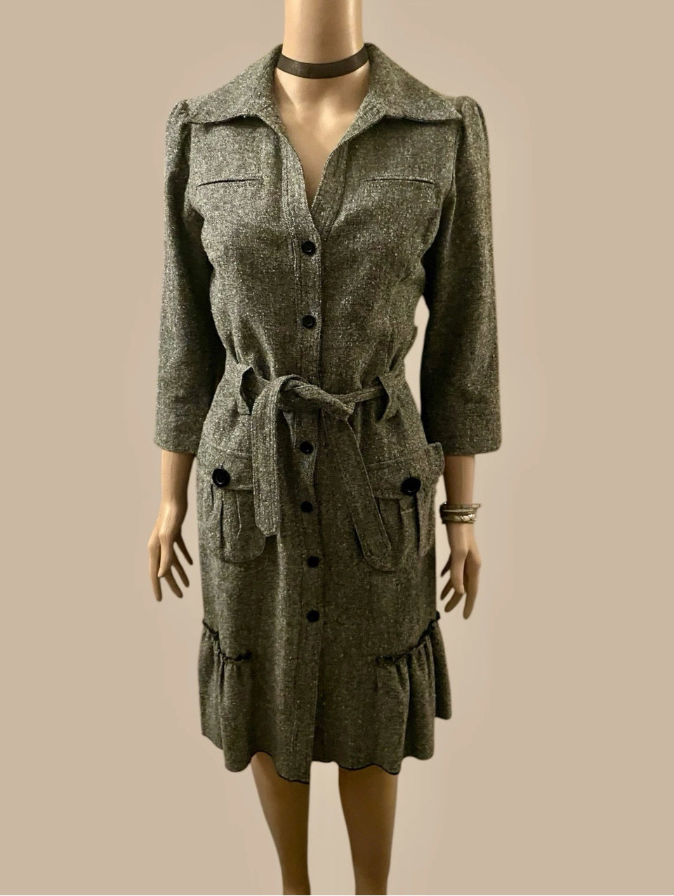 Vintage Dress 1990s Coat Dress Tweed Boucle Dress Pin Up Wiggle Dress Ruffle Hem Belted Grey Size Small