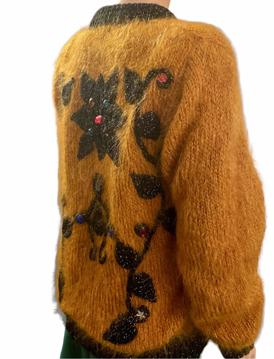 Women’s Vintage Jacket 1930s Cardigan Hand knit Mohair Pure Wool Bomber Jacket Gothic Glam Floral Embroidery Jewel Appliqué Rare Vintage Size XL