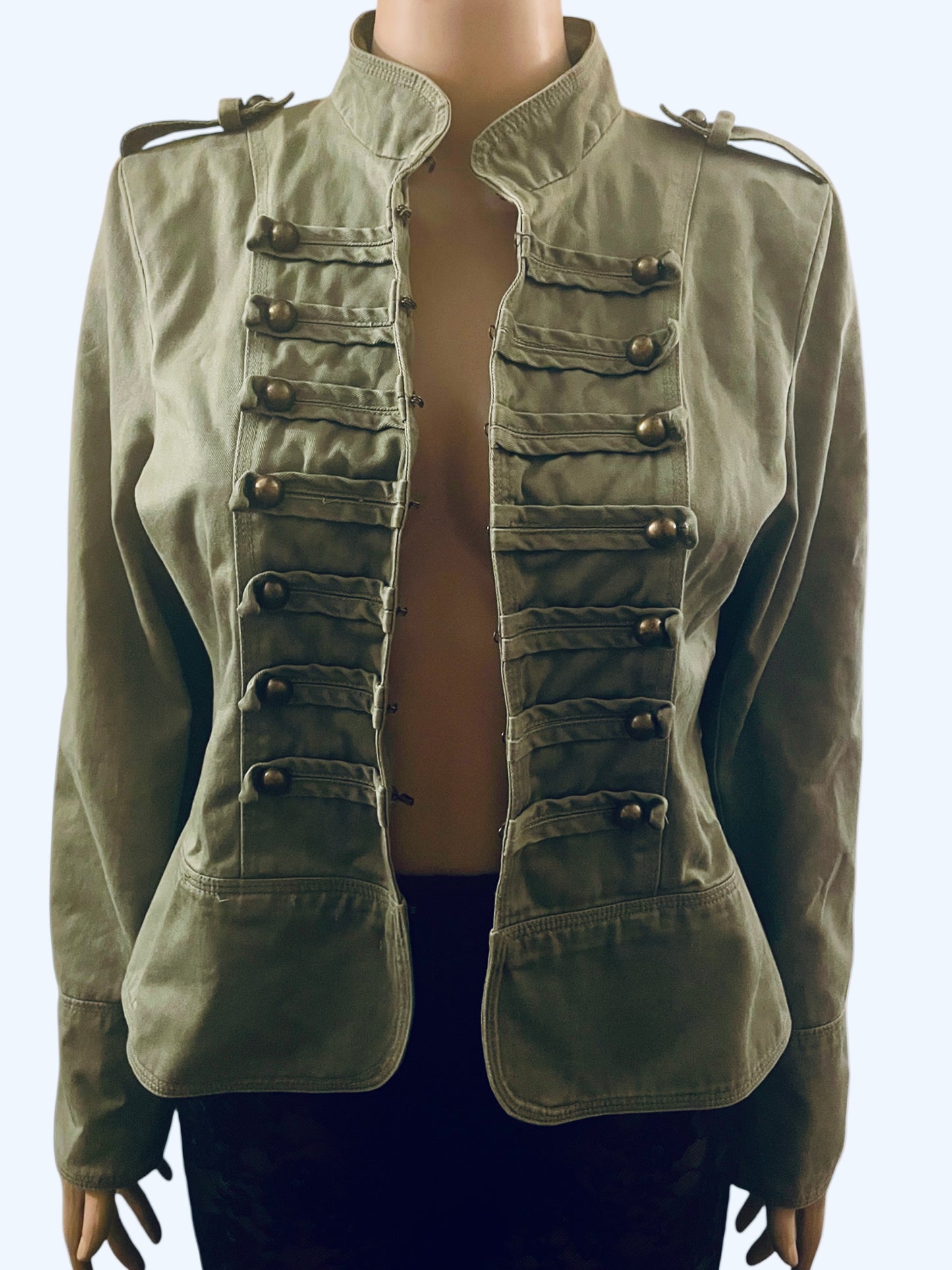 Vintage Y2K Military Jacket Cargo Denim Army Glam Sgt Pepper Brass Buttons Khaki Size M