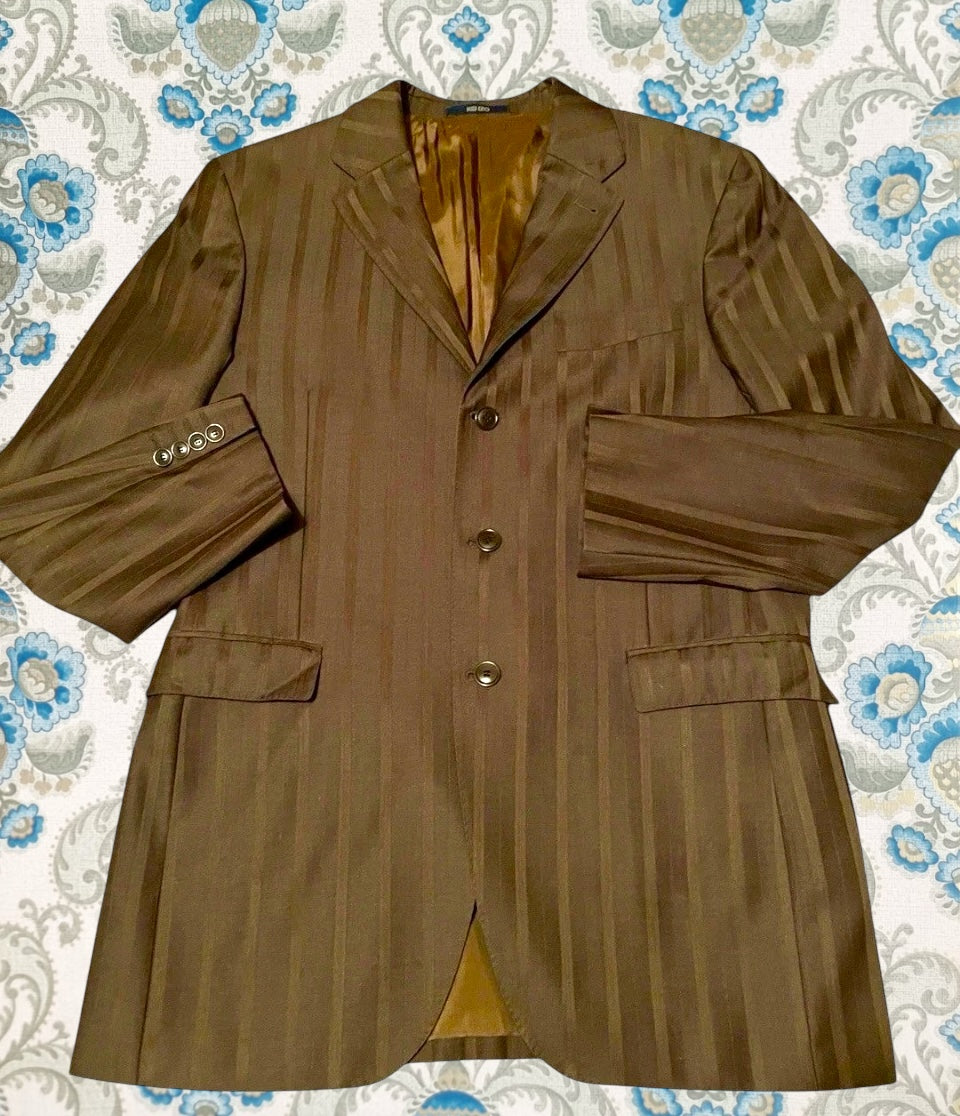 Men's Designer Suit Kenzo Homme Vintage Suit 1990s Y2K Wool Silk Single Breasted brown burgundy pinstripe Tailored Size XL