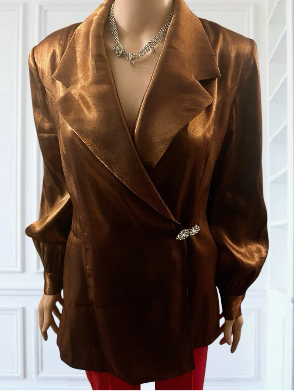 Bronze Satin blazer Vintage 80s Glam Jacket Diamond Clasp Copper Silky Blazer Tailored Size Medium