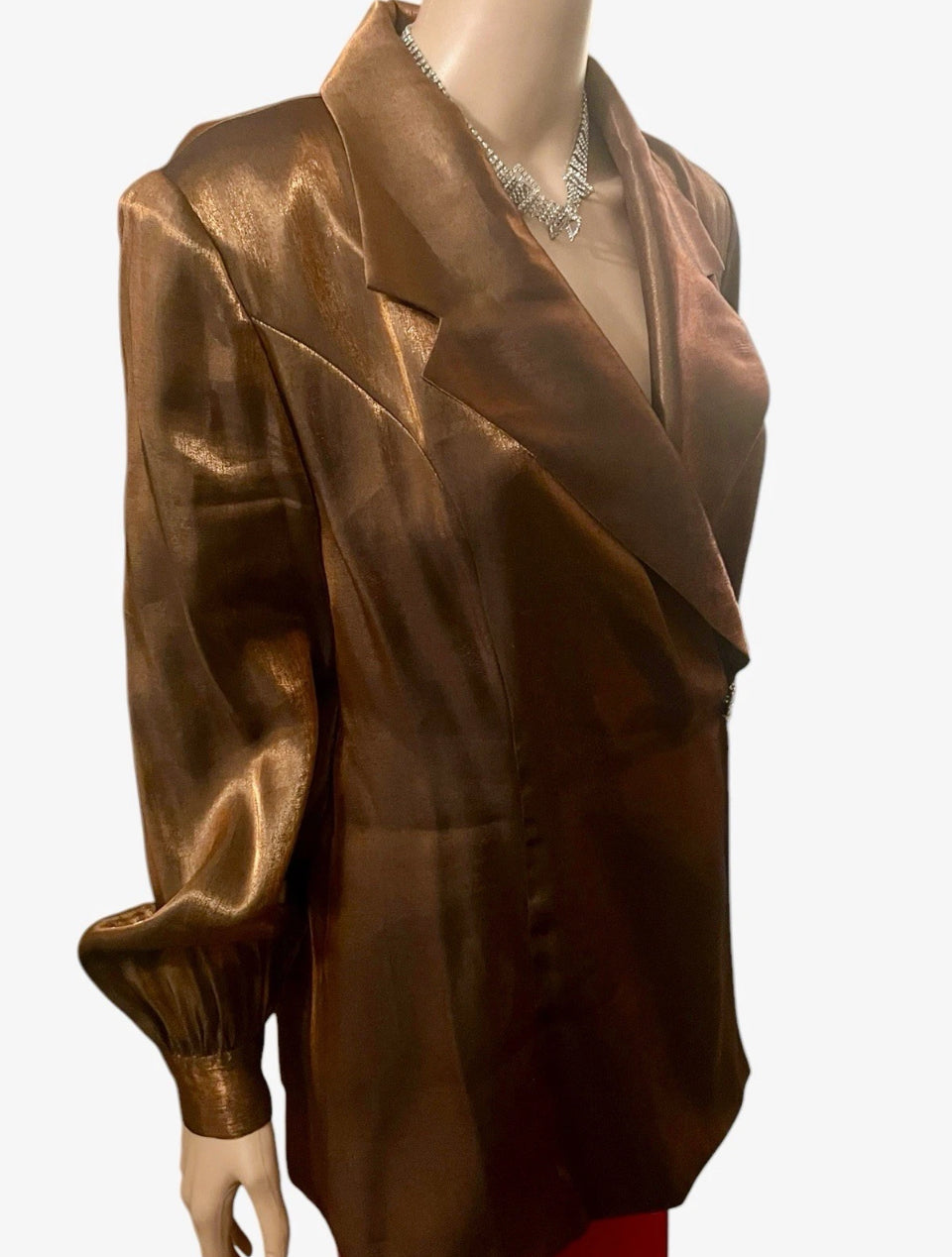 Bronze Satin blazer Vintage 80s Glam Jacket Diamond Clasp Copper Silky Blazer Tailored Size Medium