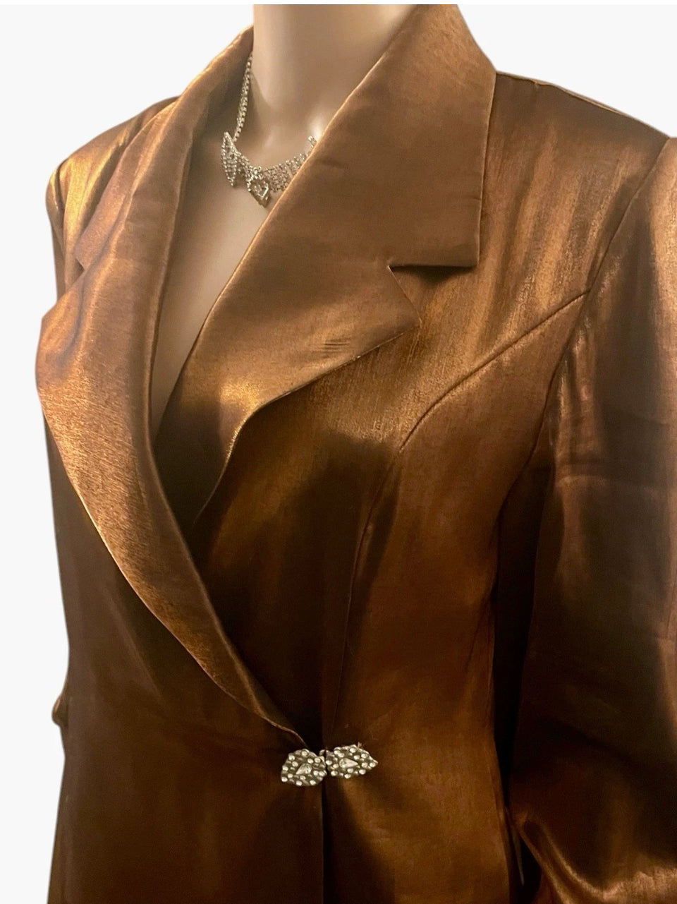 Bronze Satin blazer Vintage 80s Glam Jacket Diamond Clasp Copper Silky Blazer Tailored Size Medium