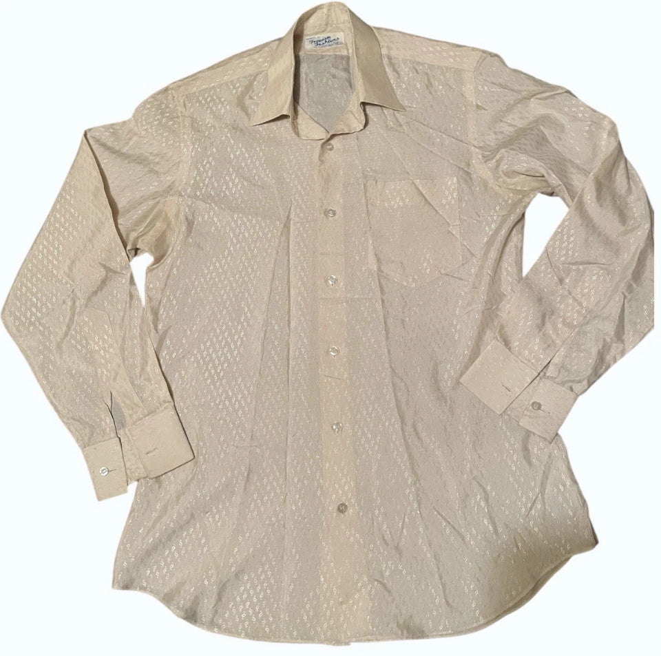 Men’s Silk Shirt Vintage 1930s Rare Single Needle pure silk tailored embossed Gatsby Off White Size L