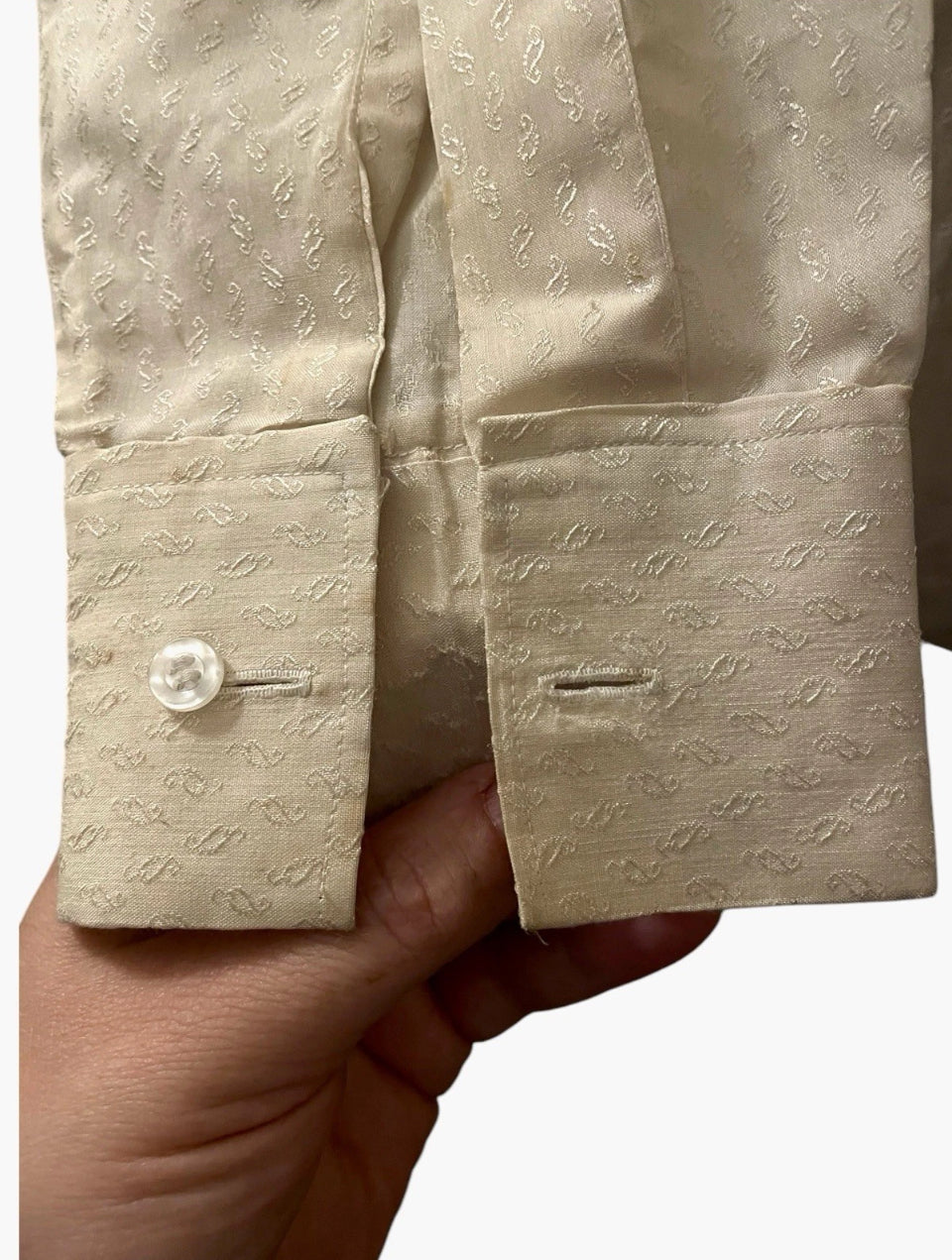 Men’s Silk Shirt Vintage 1930s Rare Single Needle pure silk tailored embossed Gatsby Off White Size L