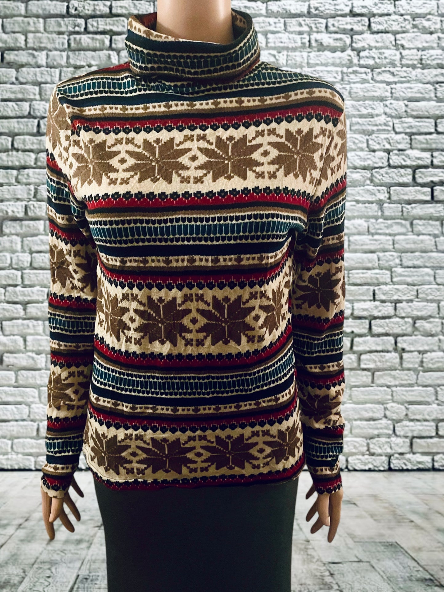 Vintage Sweater Striped Turtleneck Fair Aisle Snowflake Skivvy Vintage 90s Jumper Size M