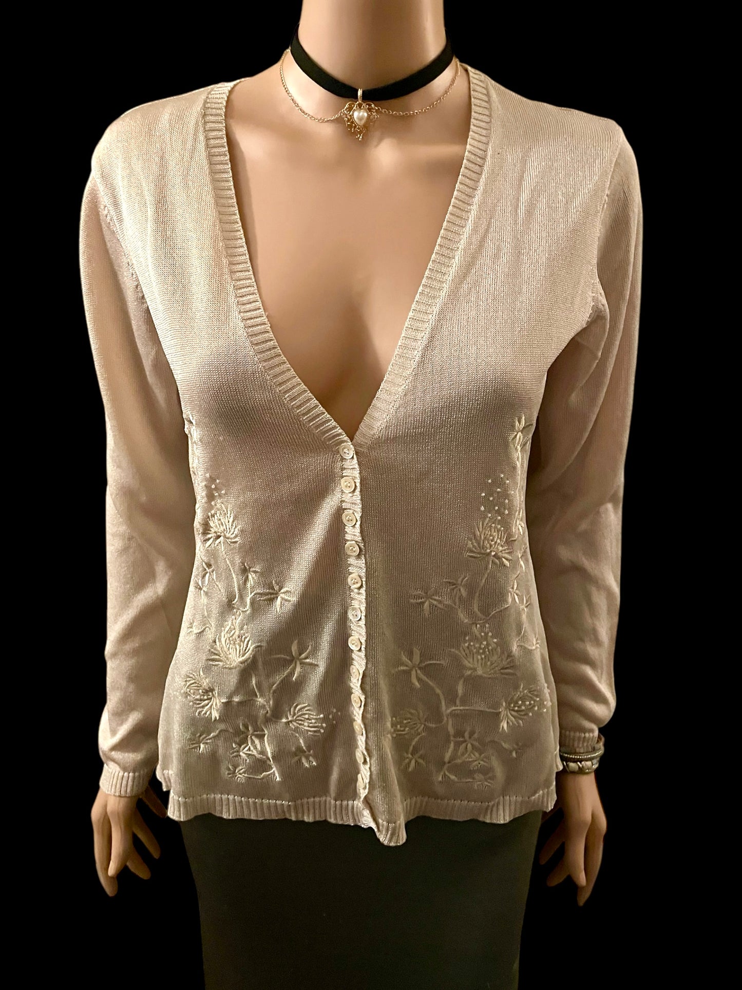Women’s Vintage Cardigan Embroidered V Neck Cardigan Delicate Floral Detail Hand Sewn Pearl White Size small