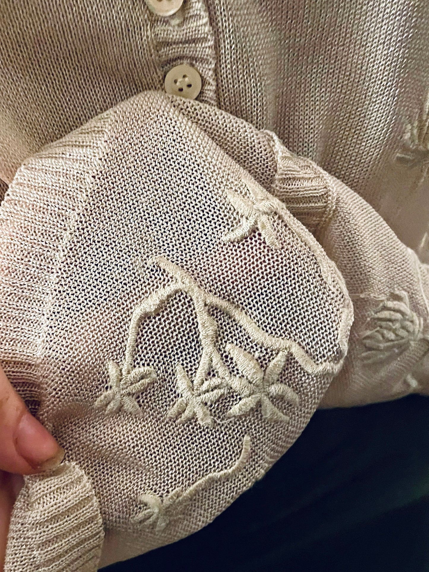 Women’s Vintage Cardigan Embroidered V Neck Cardigan Delicate Floral Detail Hand Sewn Pearl White Size small