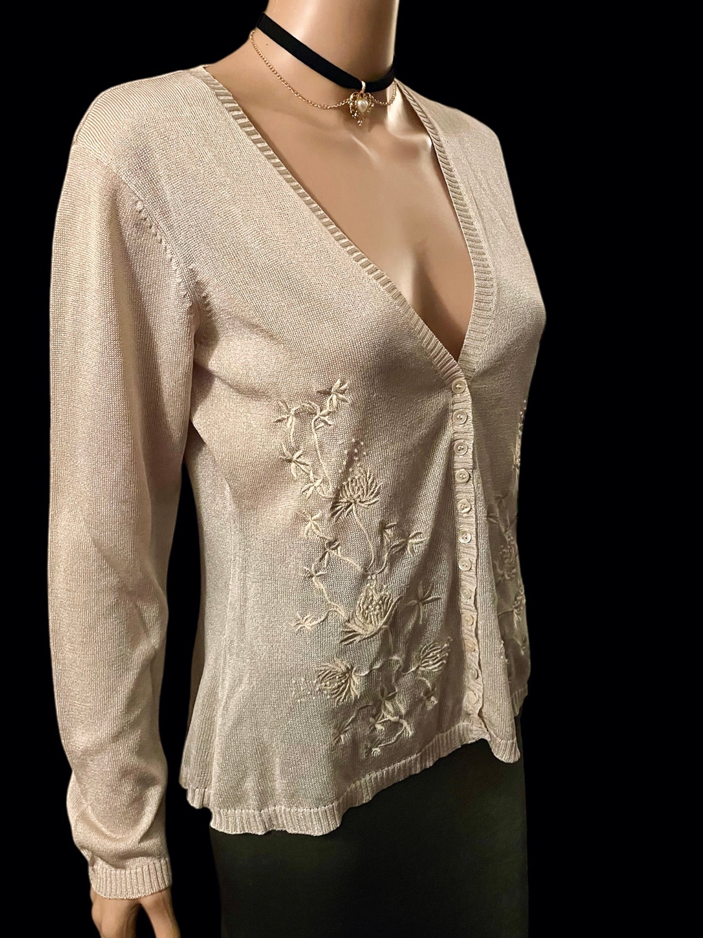 Women’s Vintage Cardigan Embroidered V Neck Cardigan Delicate Floral Detail Hand Sewn Pearl White Size small