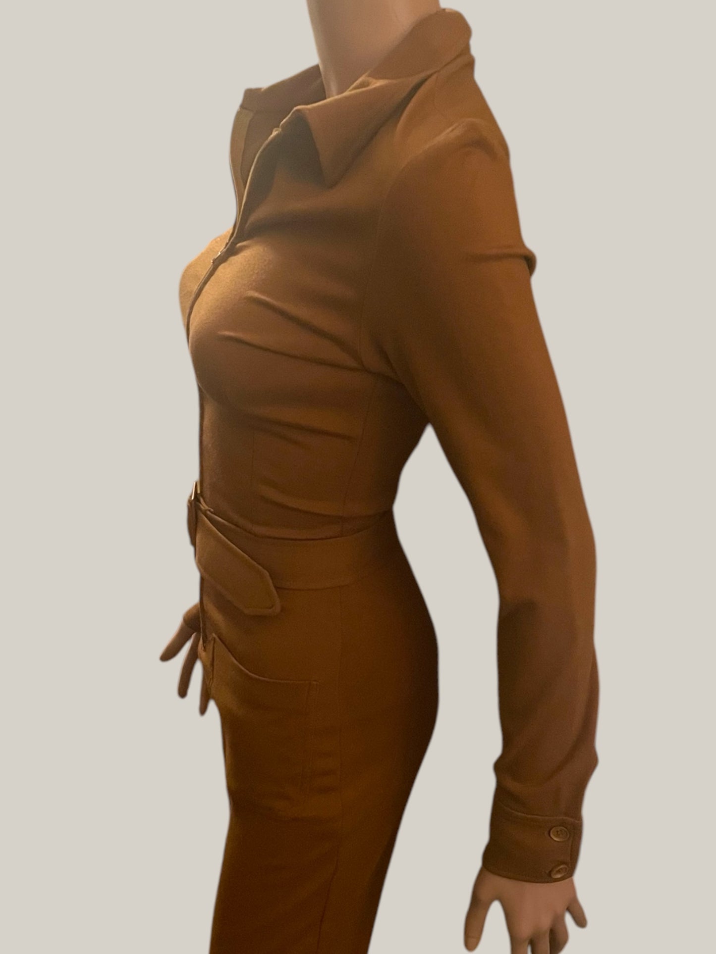 Vintage Jumpsuit 1990s Catsuit Brown Fitted Stretch Sexy 70s Boho Style Size 8 Small