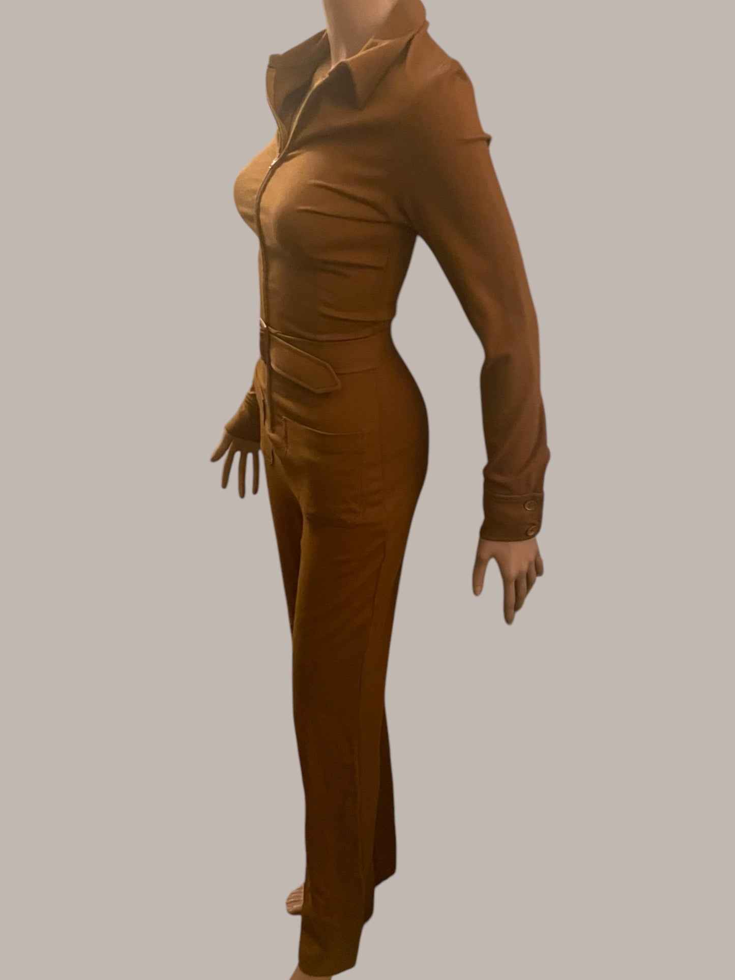 Vintage Jumpsuit 1990s Catsuit Brown Fitted Stretch Sexy 70s Boho Style Size 8 Small