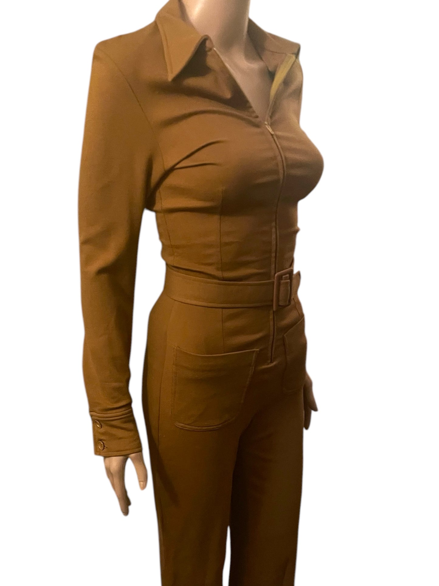 Vintage Jumpsuit 1990s Catsuit Brown Fitted Stretch Sexy 70s Boho Style Size 8 Small