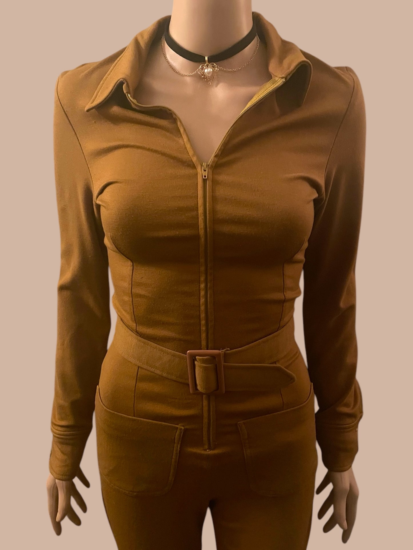 Vintage Jumpsuit 1990s Catsuit Brown Fitted Stretch Sexy 70s Boho Style Size 8 Small