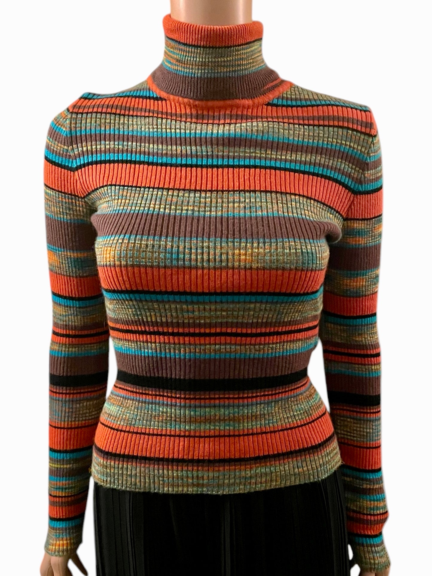 Vintage Turtleneck Striped Ribbed Skivvy Long Sleeve Vintage 80s Knitwear Retro Women’s Size Small
