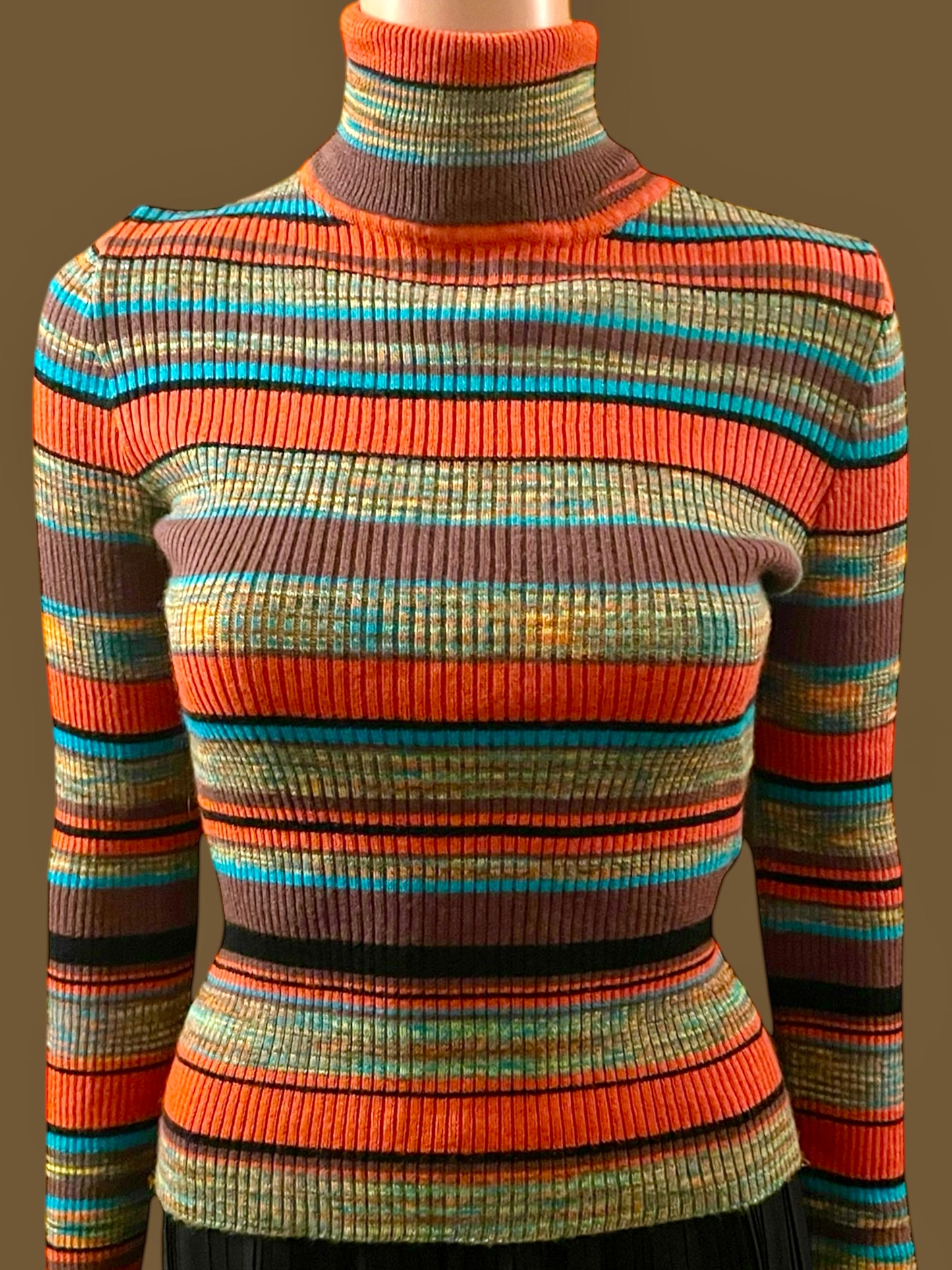 Vintage Turtleneck Striped Ribbed Skivvy Long Sleeve Vintage 80s Knitwear Retro Women’s Size Small