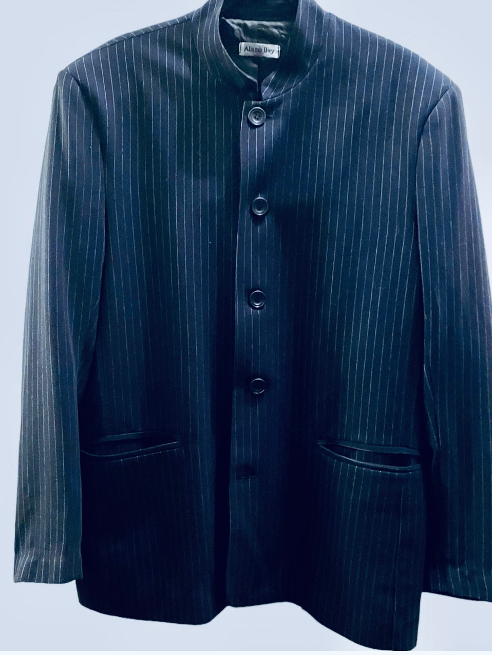 Men’s Blazer Vintage Men's Jacket 1990s Navy Pinstripe Blazer Tailored Minimalist Nehru Mandarin Collar Size L