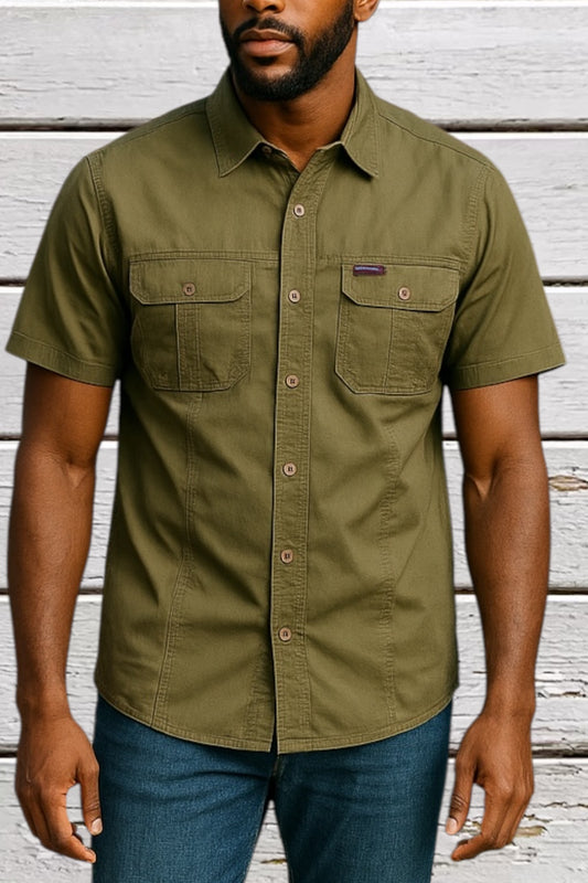 Men's Army Shirt Vintage Shirt Military Shirt Y2K Khaki Outdoor Shirt Short Sleeve Shirt Utility Gorpcore Size Medium