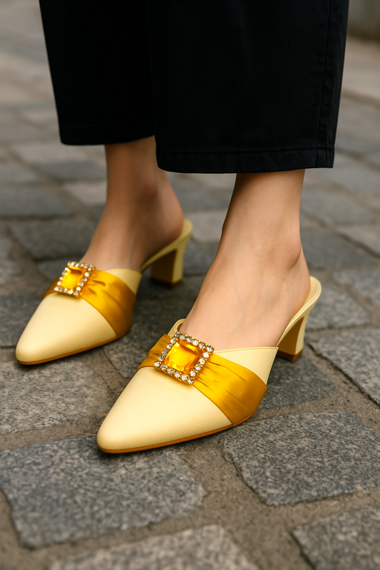 Vintage Shoes 1960s Kitten Heels Mules Clio Bond Street London Gold Satin Leather Shoes Diamond Buckle Retro Glam Size 6