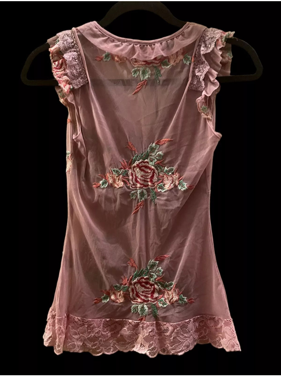 Vintage Mesh Top 90s Y2K Pink Mesh Floral Embroidery Lace Blouse Size Small