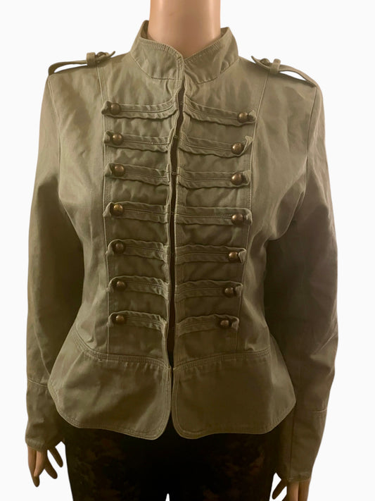 Vintage Y2K Military Jacket Cargo Denim Army Glam Sgt Pepper Brass Buttons Khaki Size M
