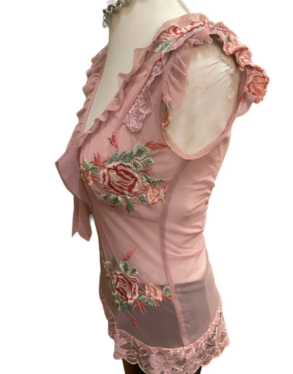 Vintage Mesh Top 90s Y2K Pink Mesh Floral Embroidery Lace Blouse Size Small