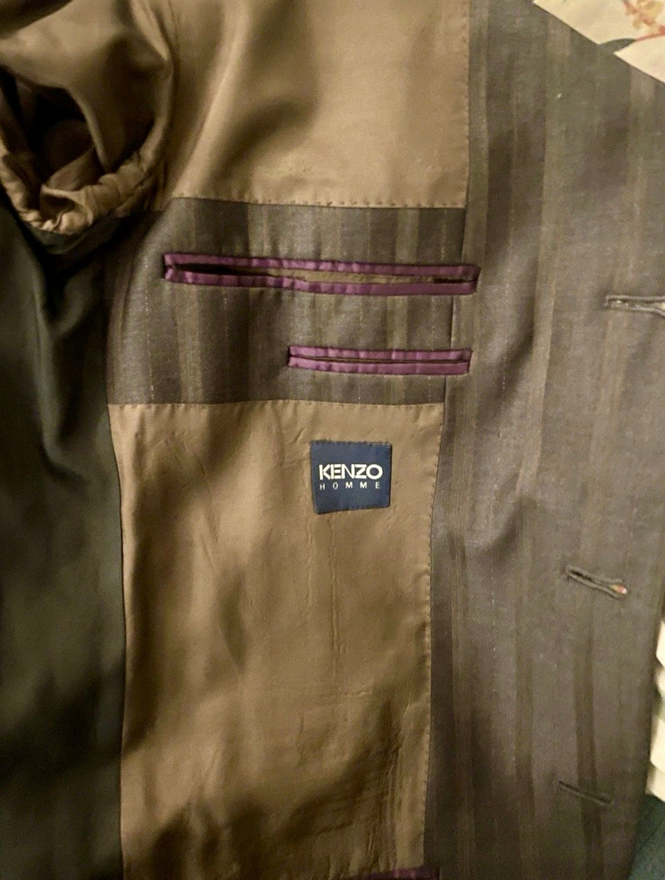 Men's Designer Suit Kenzo Homme Vintage Suit 1990s Y2K Wool Silk  Single Breasted brown burgundy pinstripe Tailored Size XL
