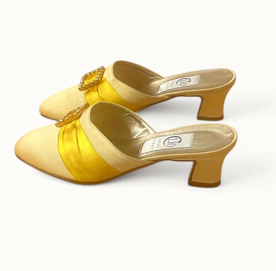 Vintage Shoes 1960s Kitten Heels Mules Clio Bond Street London Gold Satin Leather Shoes Diamond Buckle Retro Glam Size 6