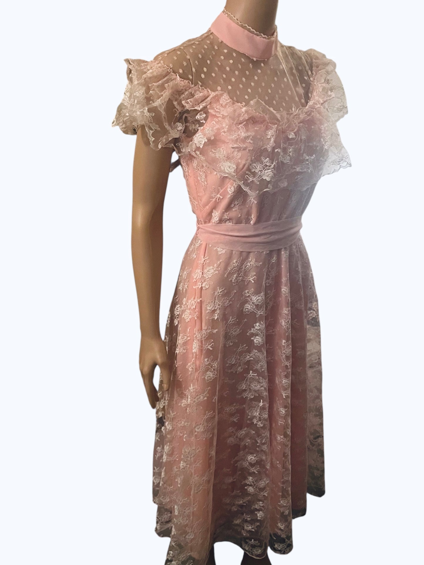 Vintage Dress 1960s Pink Lace Flocked Rockabilly Dress Princess Style Party Dress Ruffles Coquette Kawaii Size Small