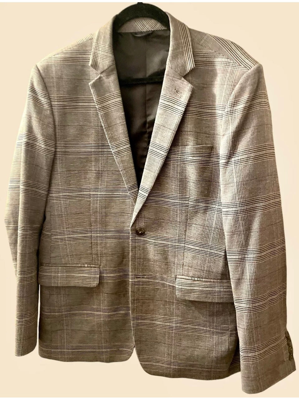 Men’s Vintage Blazer Plaid Glen Plaid Prince of Wales Check Mens 1980s Vintage Jacket Preppy Classic Single Breasted Checkered Blazer Tailored Wool Beige Brown Size L