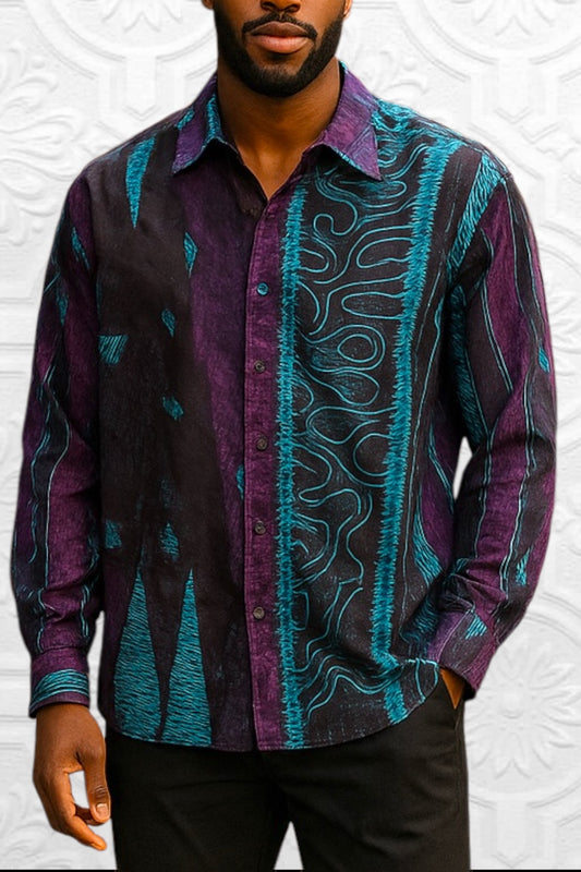 Vintage Men's Dress Shirt 1990s Pure Silk Batik Print Shirt Long Sleeve Elvis Dandy Rockabilly Size L