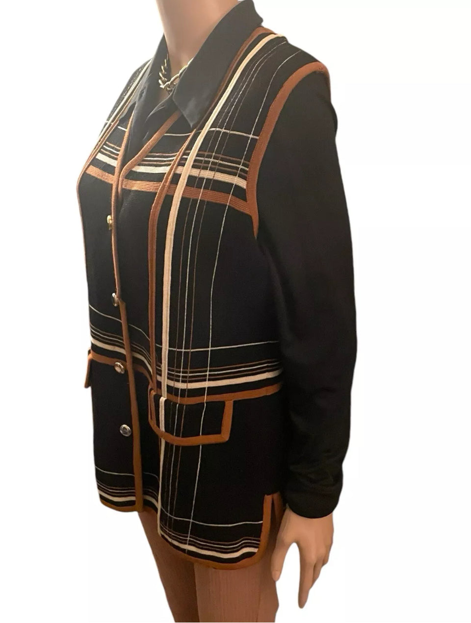 Vintage Vest 1950s Wool Vest Women’s Black Plaid Button Up Sleeveless Jacket Mod Style Atomic Era Size M