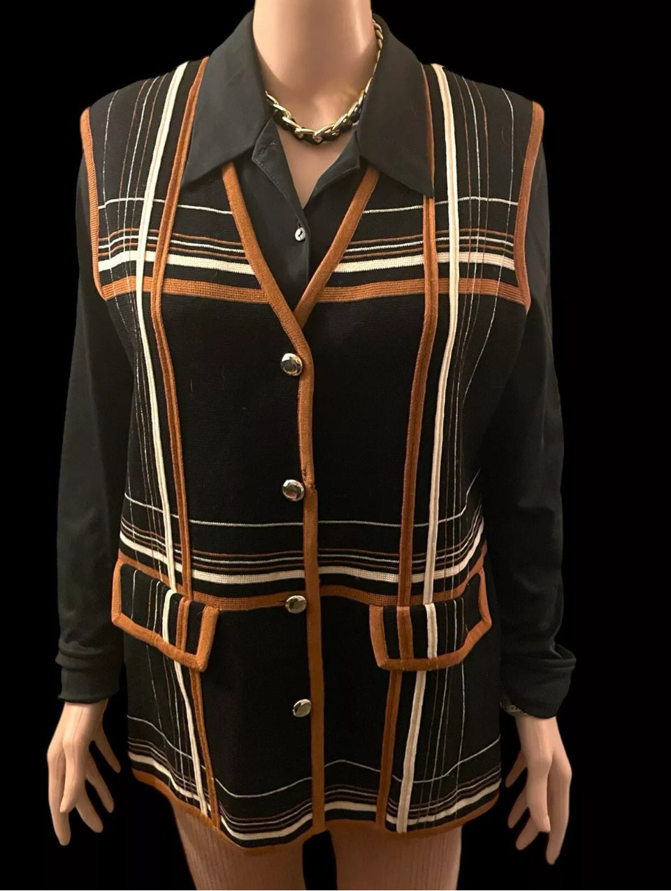 Vintage Vest 1950s Wool Vest Women’s Black Plaid Button Up Sleeveless Jacket Mod Style Atomic Era Size M