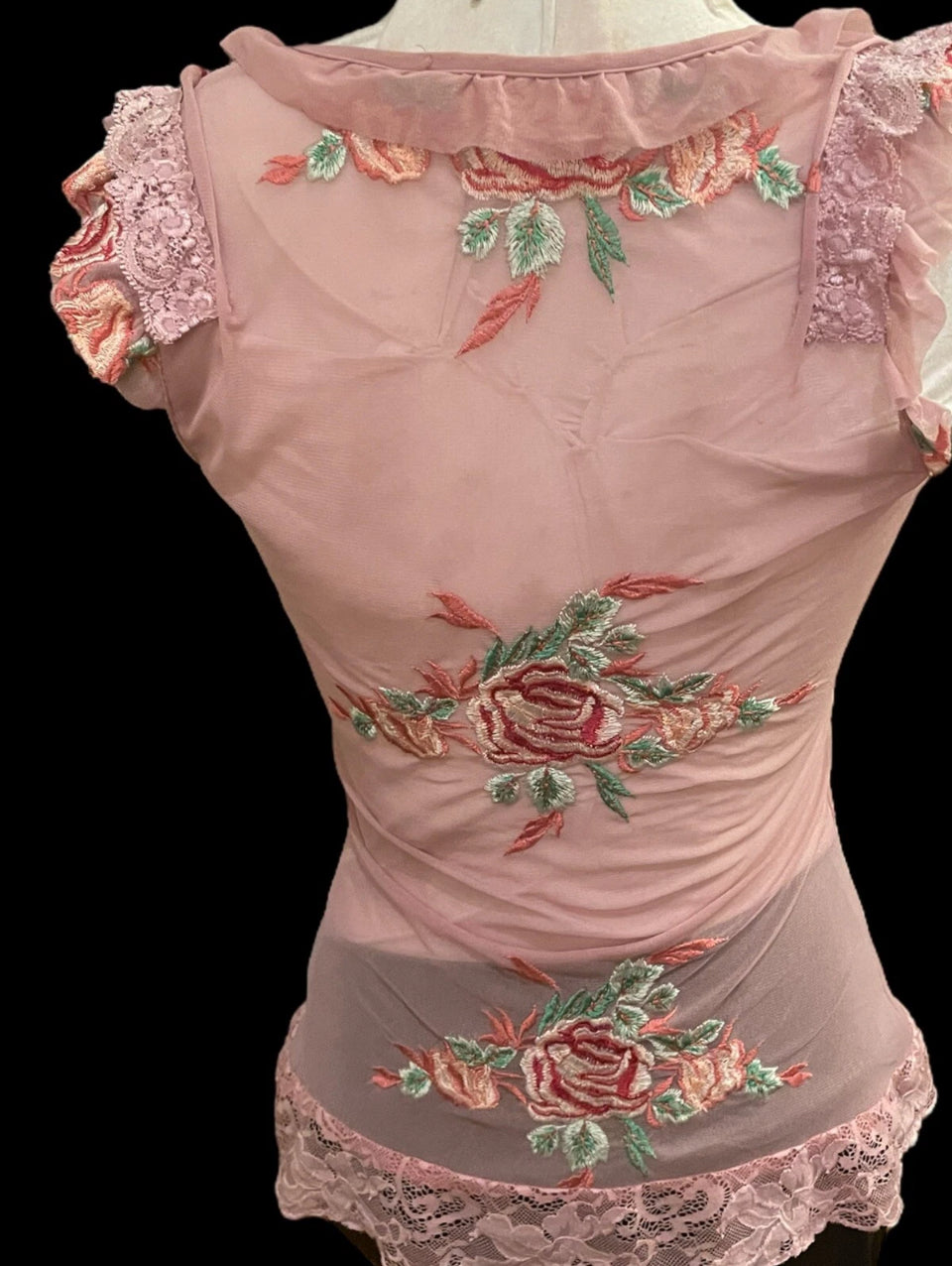Vintage Mesh Top 90s Y2K Pink Mesh Floral Embroidery Lace Blouse Size Small