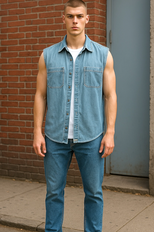 Vintage Levi's Denim Shirt 1990s Rare Grey Tab Sleeveless Button Up Size L