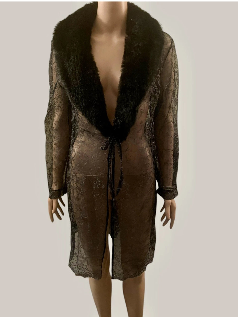 Vintage Black Lace Fur Coat Duster 1990s Sheer Embroidered Lace Faux Fur Glam Gothic Boudoir Burlesque vibes Size Medium