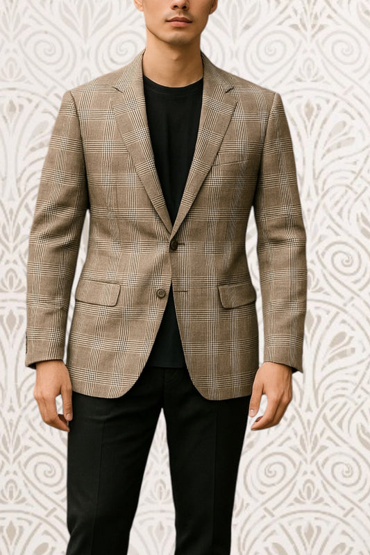 Men’s Vintage Blazer Plaid Glen Plaid Prince of Wales Check Mens 1980s Vintage Jacket Preppy Classic Single Breasted Checkered Blazer Tailored Wool Beige Brown Size L