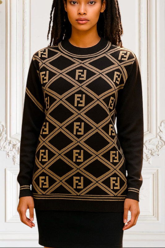 Vintage Fendi Sweater Zucca Pattern Karl Lagerfeld Collection Vintage 90s Pure Wool Brown Beige Size L