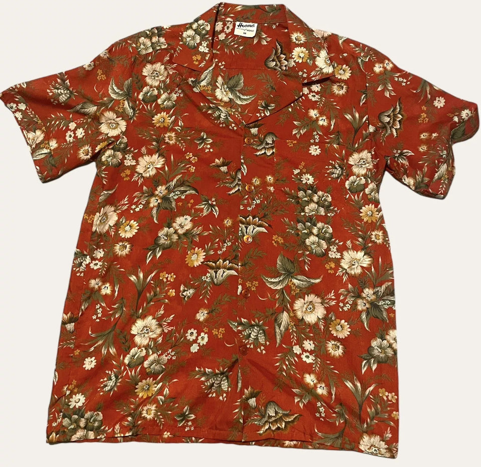 Vintage Hawaiian Shirt Men’s vintage 1970s Red Floral Print Short Sleeve Camp Collar Hosma Red Size Medium